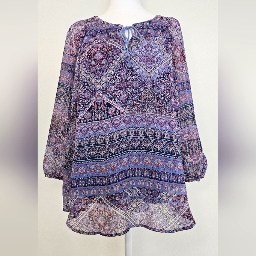 St Johns Bay Boho Peasant Top Blue Pink Mixed Pattern Flowy Tie Neck Size XL